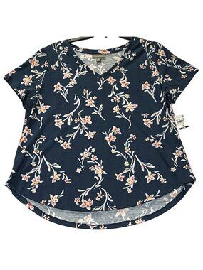 Style & Co Womens Size OX Navy Blue Floral Plus Size Top V-Neck Short Sleeve